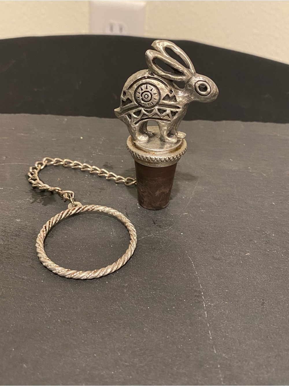 Silver-Tone Pewter Rabbit Wine Bottle Stopper with Chain